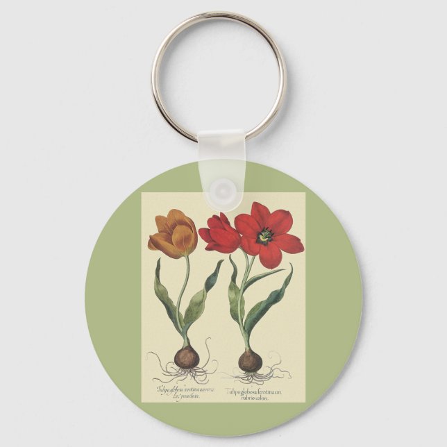 Vintage Botany, Blooming Tulip Flowers and Bulbs Keychain (Front)