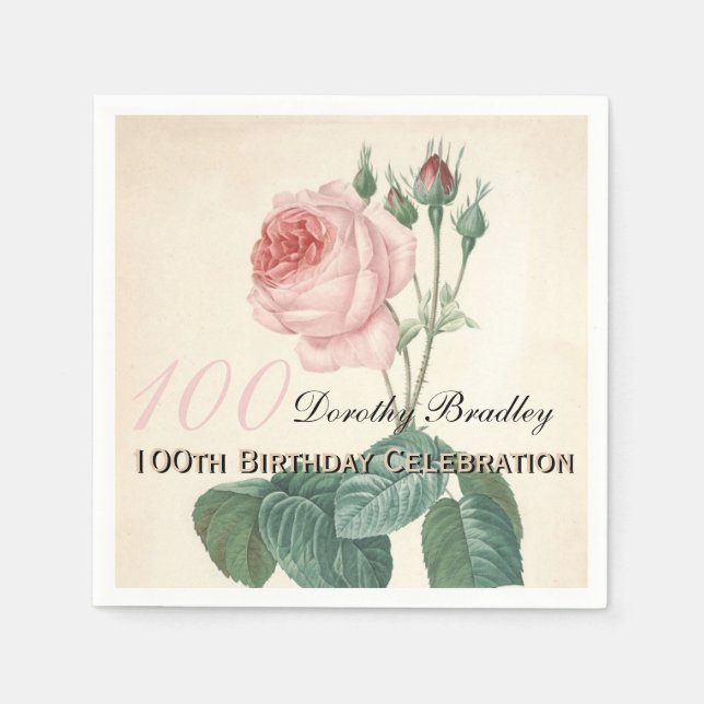 Vintage Botoanical Rose 100th Birthday Party PN2 Napkin (Front)