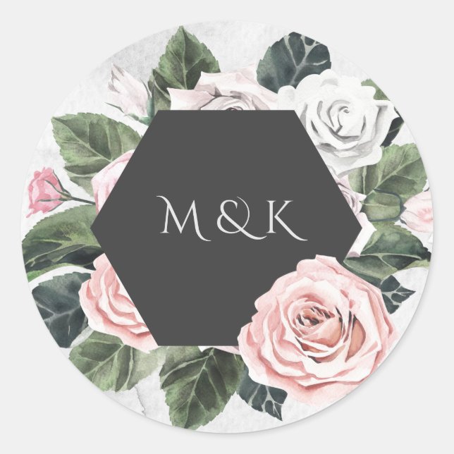 Vintage Bouquet Monogram Initials Classic Round Sticker (Front)