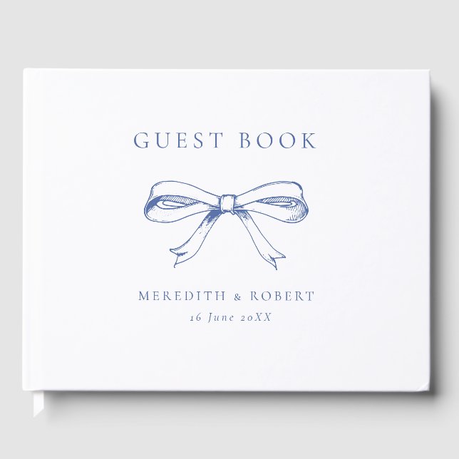 Vintage Bow Blue & White Wedding Guest Book (Front)
