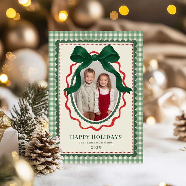 Vintage Bow Green Stripe Christmas Photo Holiday Card (Creator Uploaded)