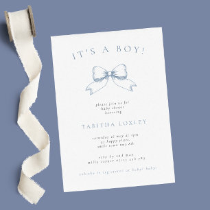 Vintage Bow It's A Boy Dusty Blue Baby Shower Invitation