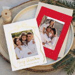 Vintage Bow Merry Christmas 2 Photo Gold Foil Holiday Card<br><div class="desc">Celebrate the season in style with this luxurious Christmas card, featuring your favourite vertical family photo set against a white background adorned with an elegant gold foil bow and ribbon. "Merry Christmas" shines in gold foil, adding a touch of sophistication, with space below to personalize your family name. The back...</div>