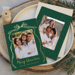 Vintage Bow Merry Christmas Green 2 Photo Foil Holiday Card<br><div class="desc">Celebrate the season in style with this luxurious foil Christmas card, featuring your favourite vertical family photo set against a dark green background adorned with an elegant, hand-drawn gold foil bow and ribbon. "Merry Christmas" shines in gold foil, adding a touch of sophistication, with space below to personalize your family...</div>