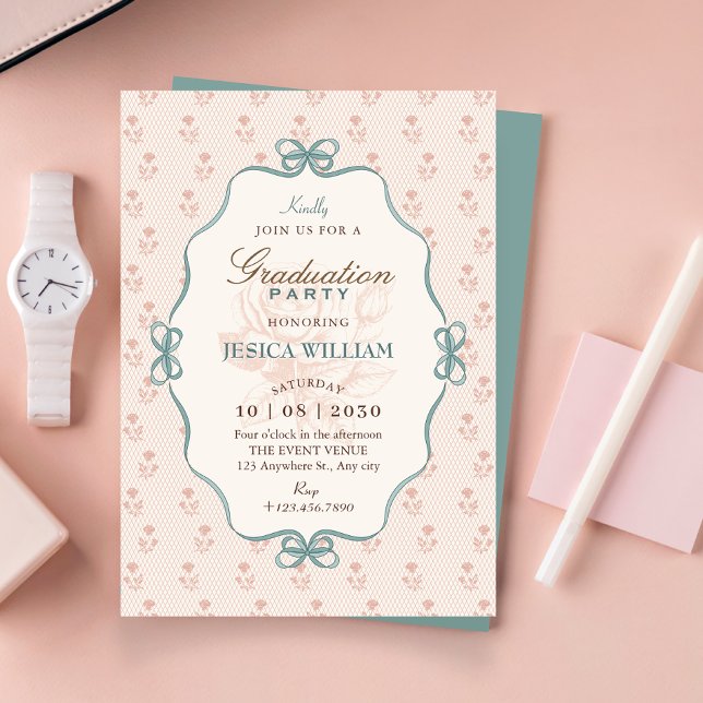 Vintage bow pastel blue pink graduation invitation (Creator Uploaded)