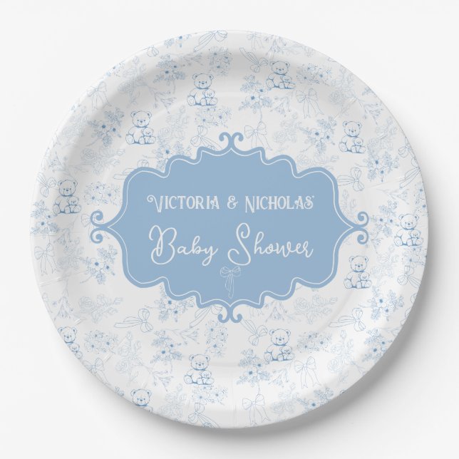 Vintage Bow Teddy Bear Baby Shower  Paper Plate (Front)