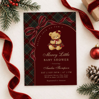 Vintage Bow Teddy Bear Christmas Baby Shower Invitation