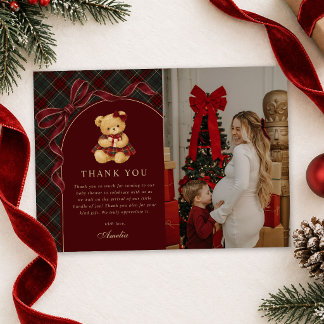 Vintage Bow Teddy Bear Christmas Baby Shower Photo Thank You Card