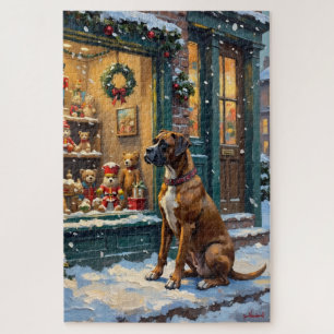 Vintage Boxer Dog at Christmas Toy Shop Window Jigsaw Puzzle