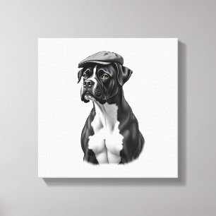 Vintage Boxer Dog in Cap Monochrome Graphic Illust Canvas Print