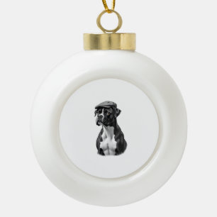 Vintage Boxer Dog in Cap Monochrome Graphic Illust Ceramic Ball Christmas Ornament