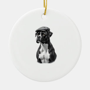 Vintage Boxer Dog in Cap Monochrome Graphic Illust Ceramic Ornament