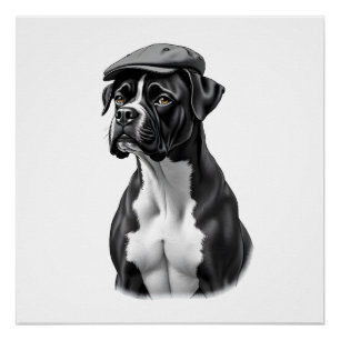 Vintage Boxer Dog in Cap Monochrome Graphic Illust Poster