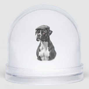Vintage Boxer Dog in Cap Monochrome Graphic Illust Snowglobe