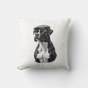 Vintage Boxer Dog in Cap Monochrome Graphic Illust Throw Pillow
