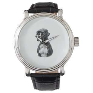 Vintage Boxer Dog in Cap Monochrome Graphic Illust Watch