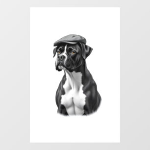 Vintage Boxer Dog in Cap Monochrome Graphic Illust Window Cling