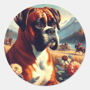 Vintage Boxer Dog Painting Classic Round Sticker