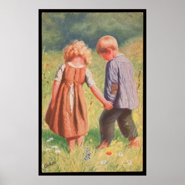 Vintage Boy a Girl Children Illustration Poster (Front)