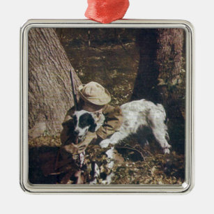 Vintage Boy and His Hunting Dog Metal Ornament