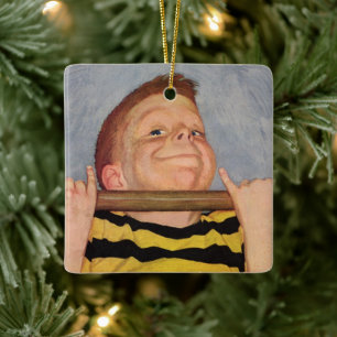 Vintage Boy Doing Chin Ups, Fitness and Exercise Ceramic Ornament