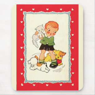 Vintage Boy Holding a Kitten with Racing Puppies Mouse Pad