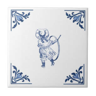 Vintage Boy & Hoop Toy Delft Corner Blue and White Tile