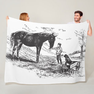 Vintage Boy Horse Dog Engraving Art Fleece Blanket