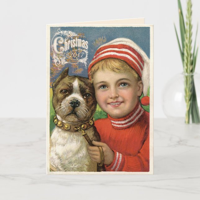 Vintage Boy & Pit Bull Dog Christmas Card (Front)