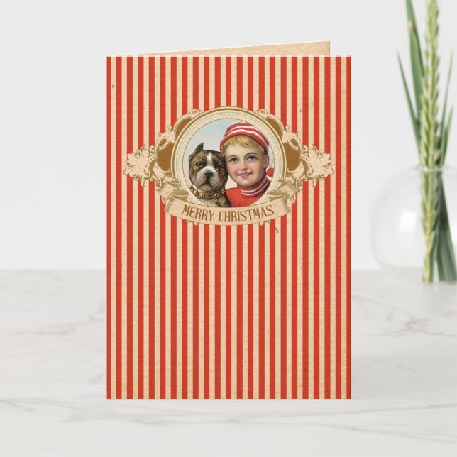 Vintage Boy & Pit Bull Dog Christmas Card (Front)