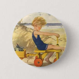 Vintage Boy Playing at the Beach with Sand Toys 2 Inch Round Button