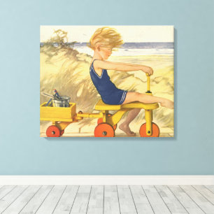 Vintage Boy Playing at the Beach with Sand Toys Canvas Print