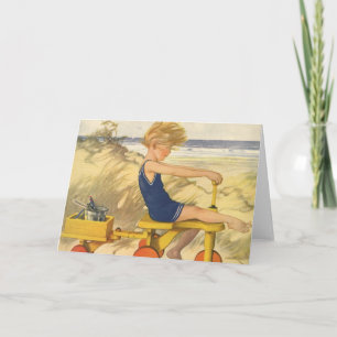 Vintage Boy Playing at the Beach with Sand Toys Card