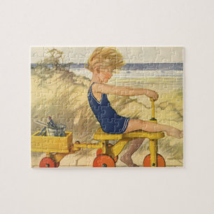 Vintage Boy Playing at the Beach with Sand Toys Jigsaw Puzzle