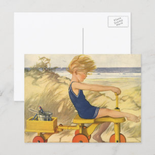 Vintage Boy Playing at the Beach with Sand Toys Postcard