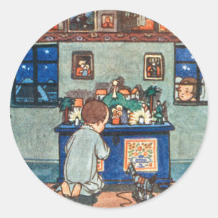 Vintage Boy Playing with Christmas Toys Painting Classic Round Sticker
