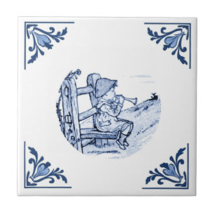 Vintage Boy Plays Music Trumpet Delft Blue & White Tile