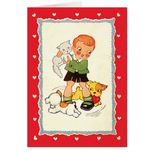 Vintage Boy Saving a Kitten from Racing Puppies (Front)