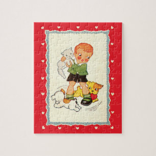 Vintage Boy Saving a Kitten from Racing Puppies Jigsaw Puzzle