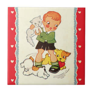 Vintage Boy Saving a Kitten from Racing Puppies Tile