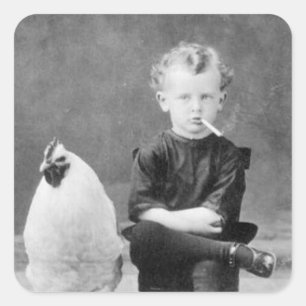 Vintage Boy Smoking Sitting Next to a Chicken Square Sticker