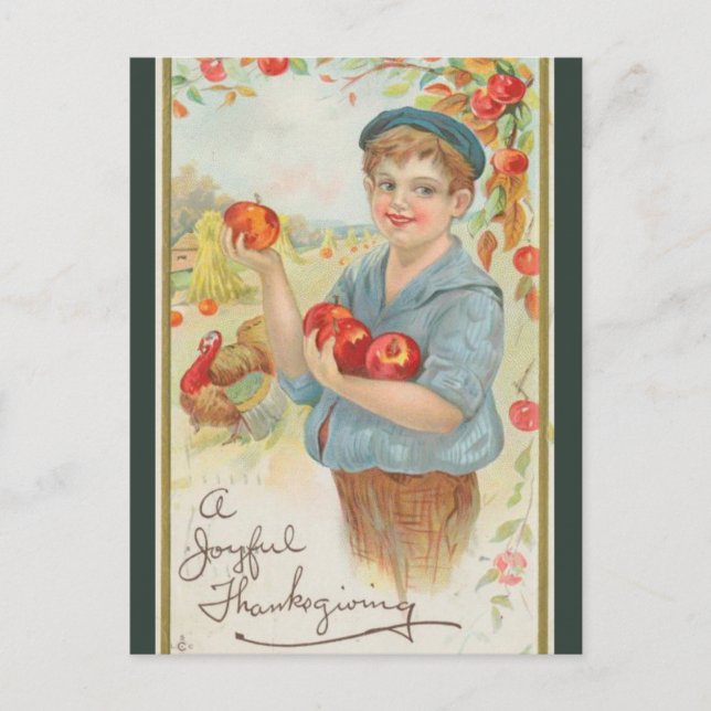Vintage Boy With Apples Thanksgiving Postcard (Front)