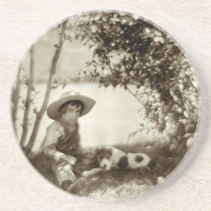 Vintage Boy With Dog At Rest Sandstone Coaster