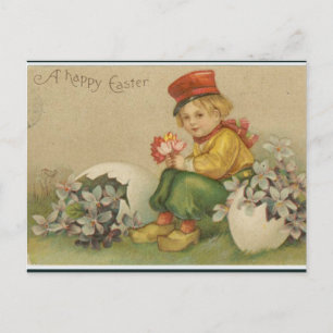 Vintage Boy With Flowers and Egg Easter Postcard
