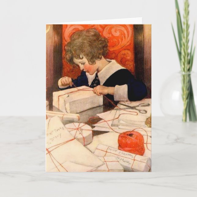 Vintage Boy Wrapping Gifts Holiday Card (Front)