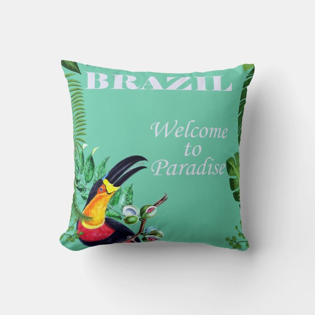 Vintage Brazil Welcome to Paradise Travel Throw Pillow (Front)
