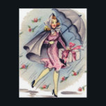 Vintage Bridal Shower Guest Invitation Postcard<br><div class="desc">Vintage artwork of a lovely bridal shower guest carrying a gift wrapped package and holding an umbrella to keep off the raining flowers</div>