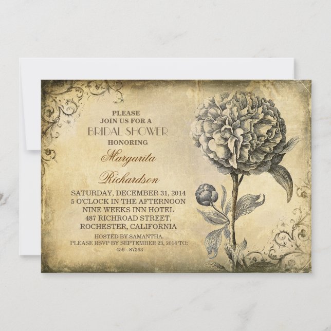 vintage bridal shower invites with peony bloom (Front)
