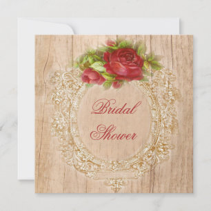 Vintage Bridal Shower Red Rose Wooden Frame Invitation