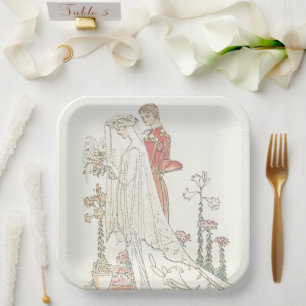 Vintage Bride and Groom Old Fashioned Wedding Paper Plate